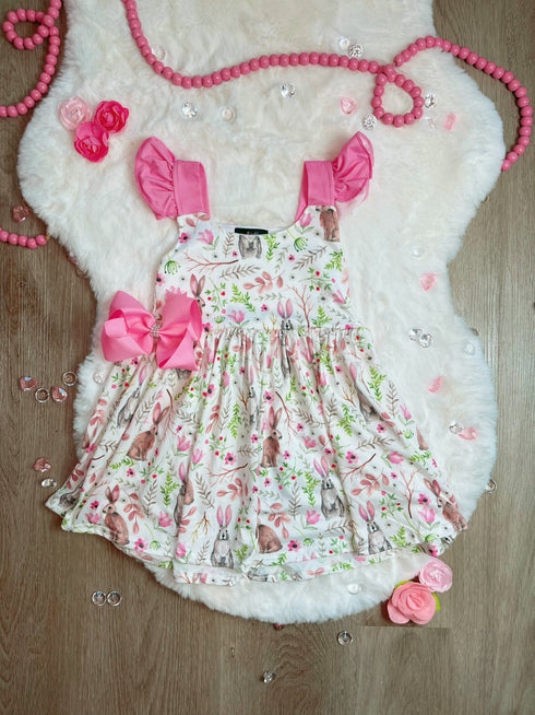 Bowtism Easter Bunny Floral Cap Sleeve Dress With Matching Bow - Bowtism
