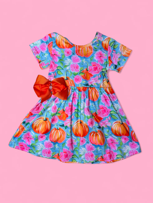 Girls Pastel Floral Pumpkin Dress with Matching Bow - Bowtism