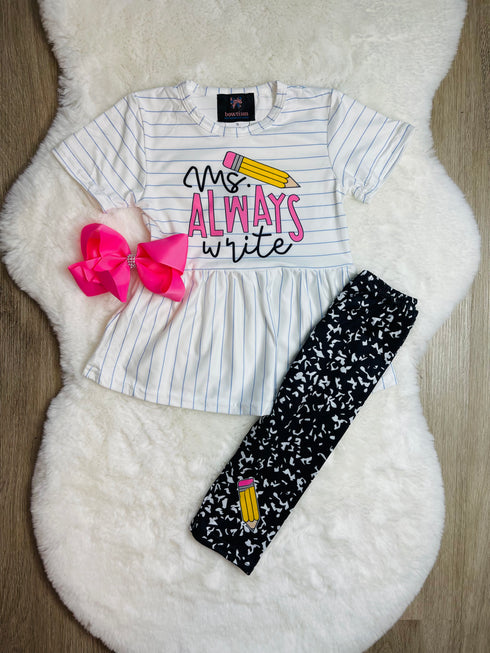 Bowtism Girls Miss Always Right Pencil Capri Set with Matching Bow - Bowtism