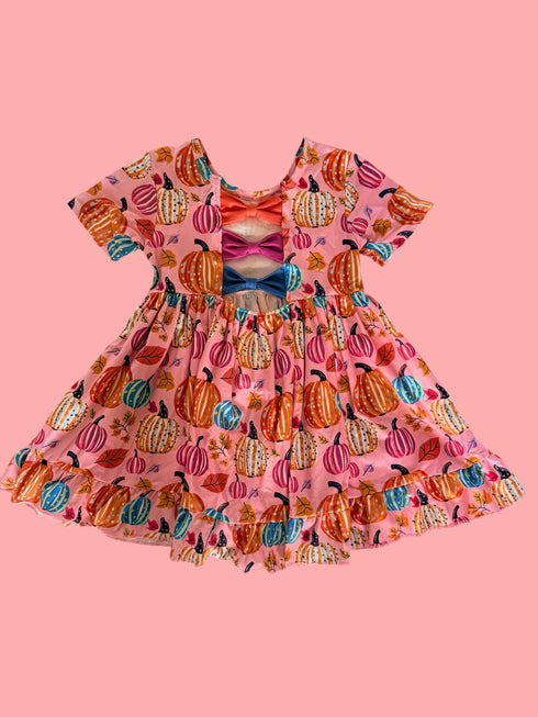 Girls Pink Pumpkin Bow Cut Out Dress with Matching Bow - Bowtism