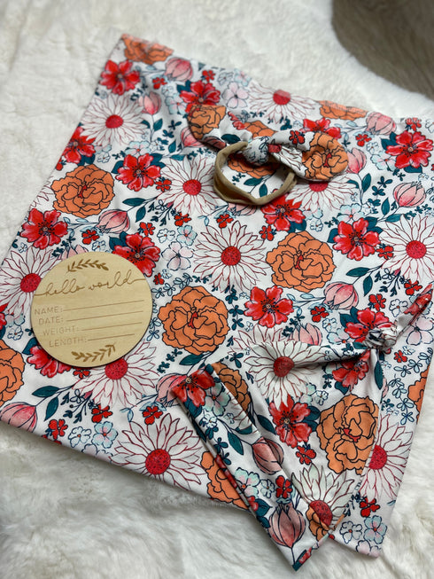 Bowtism Boho Gabriella Swaddle Set with Wooden Birth Plate, Hat & Headband - Bowtism