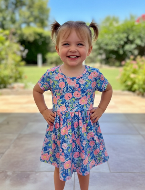 Girls Tropical Floral Dress + Matching Bow (Pink)