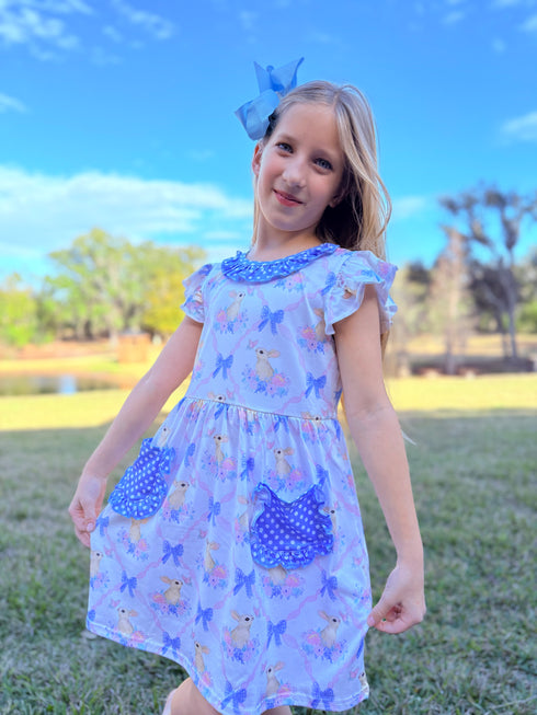 Blue Easter Bunny Dress for Girls + Matching Bow