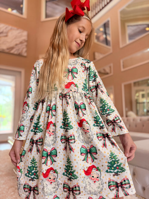 Girls Pink Preppy Christmas Tree Dress with Matching Bow - Bowtism