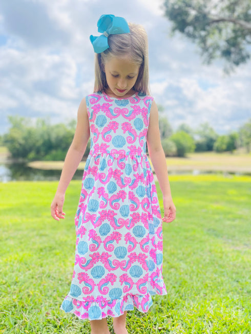 Girls Preppy Seahorse Long Beach Dress with Matching Bow - Bowtism