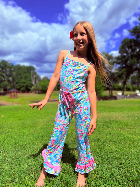 Girls Floral Summer Romper with Matching Bow
