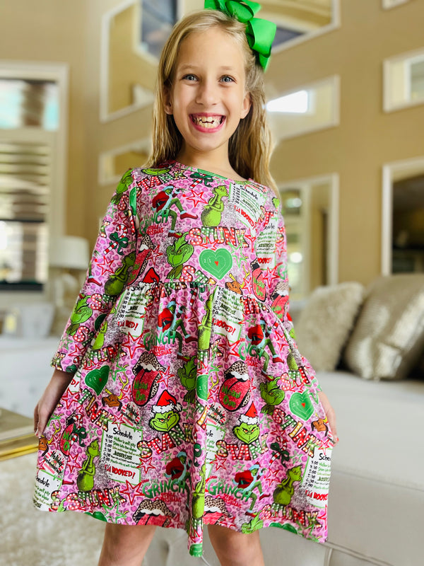 Bowtism Naughty List Grinchmas Christmas Dress with Matching Bow - Bowtism