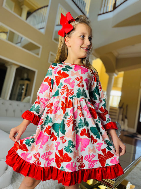 Girls Christmas preppy Bow Dress with matching bow