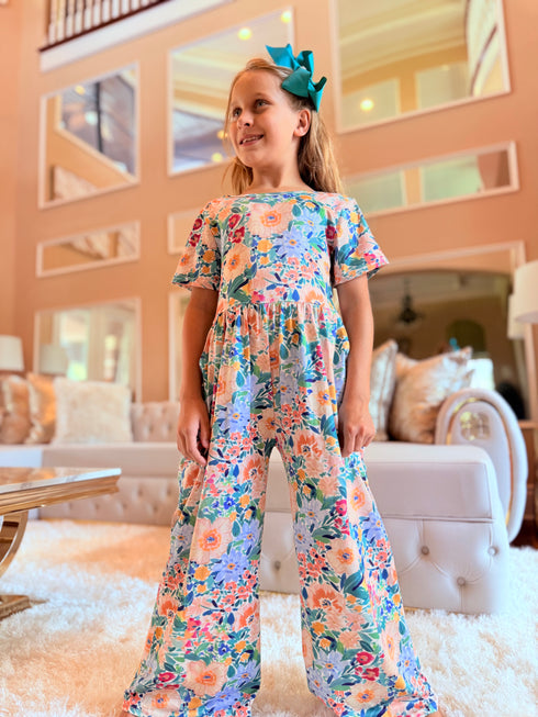 Big Girl Floral Romper with Pockets with Matching Bow - Bowtism