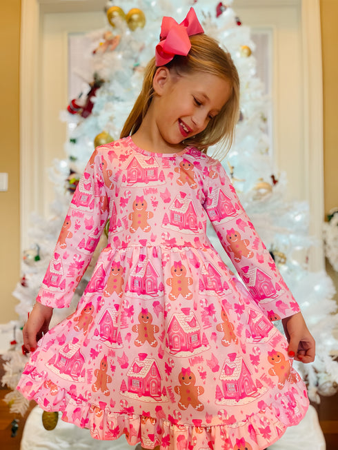 Bowtism Girls Pink Christmas Gingerbread Twirl Dress with Matching Bow - Bowtism