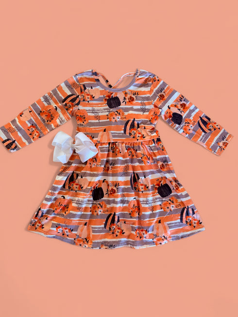 Girls Thanksgiving Pumpkin Twirl Dress with Matching Bow - Bowtism