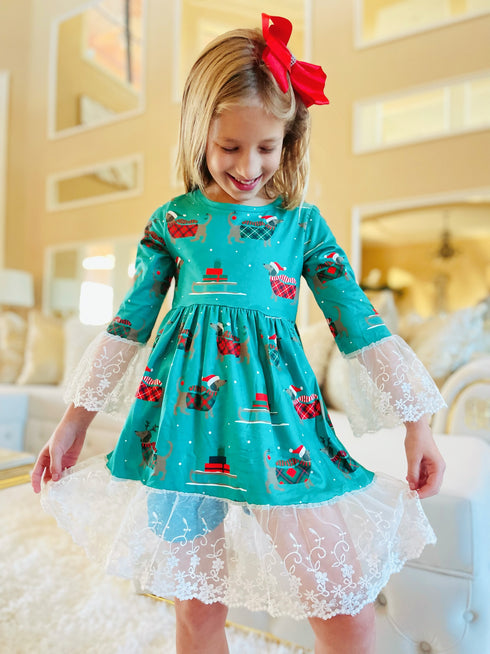 Bowtism Girls Holiday Puppy Lace Dress & matching bow - Bowtism