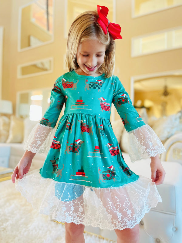 Bowtism Girls Holiday Puppy Lace Dress & matching bow - Bowtism