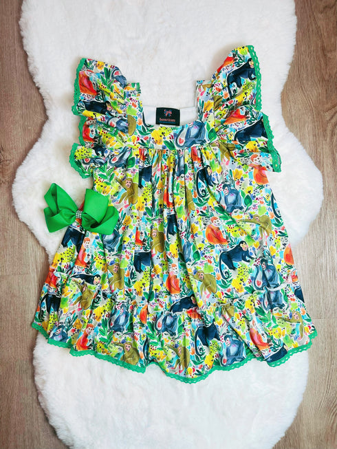 Bowtism Monkey Lace Ruffle Dress with Matching Bow - Bowtism