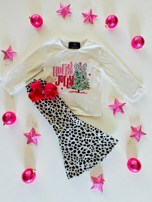 Girls Holly Jolly Preppy Flare Pants Set with Matching Bow