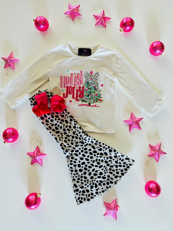 Girls Holly Jolly Preppy Flare Pants Set with Matching Bow