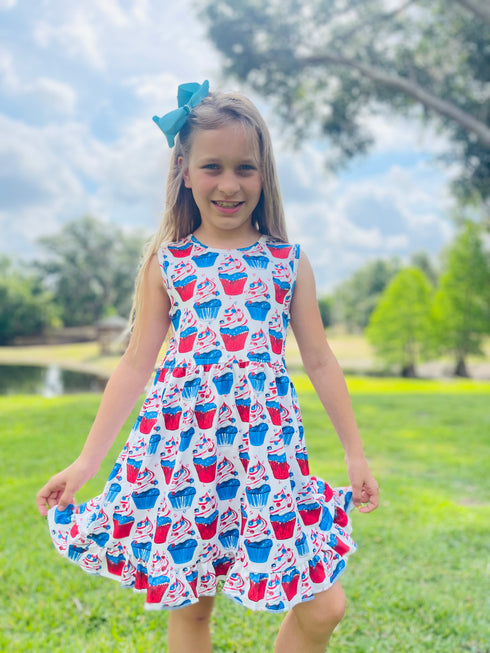 Girls Patriotic Cupcake Dress with Matching Bow - Bowtism