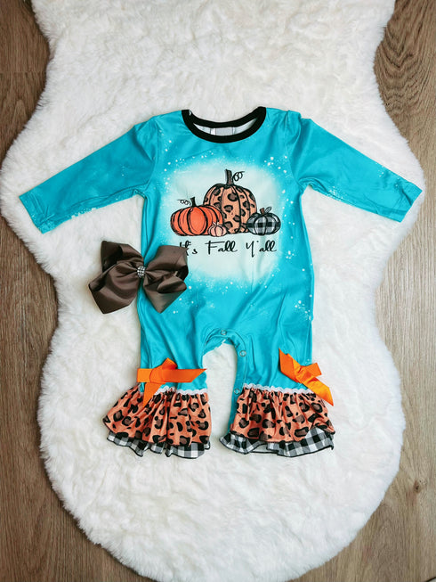 Bowtism It's Fall Y'all Pumpkin Romper with Matching Bow - Bowtism