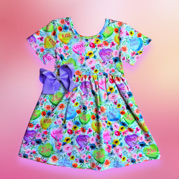 Girl’s Floral Conversation Heart Dress with matching bow