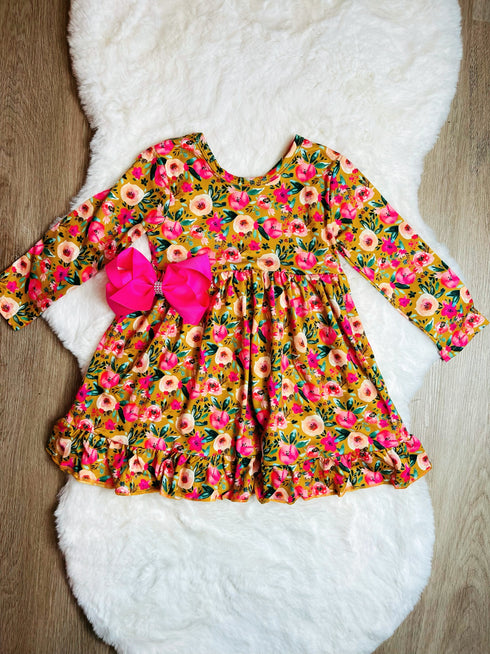 Bowtism Kelly Floral Ruffled Dress with Matching Bow - Bowtism
