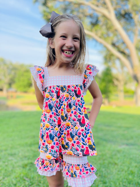 Girls Chicken Farm Shorts Set with Matching Bow - Bowtism