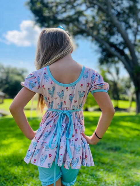 Girls Summer Chicken Shorts Set with Matching Bow - Bowtism