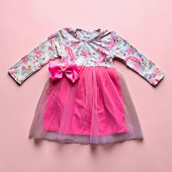 Girls Unicorn Tutu Twirl Dress and Matching Bow