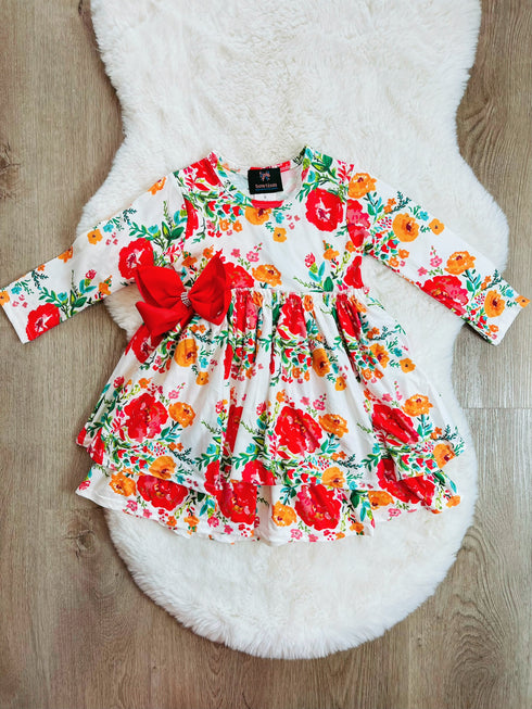 Bowtism Girls Floral Eloise Layered Dress with Matching Bow - Bowtism