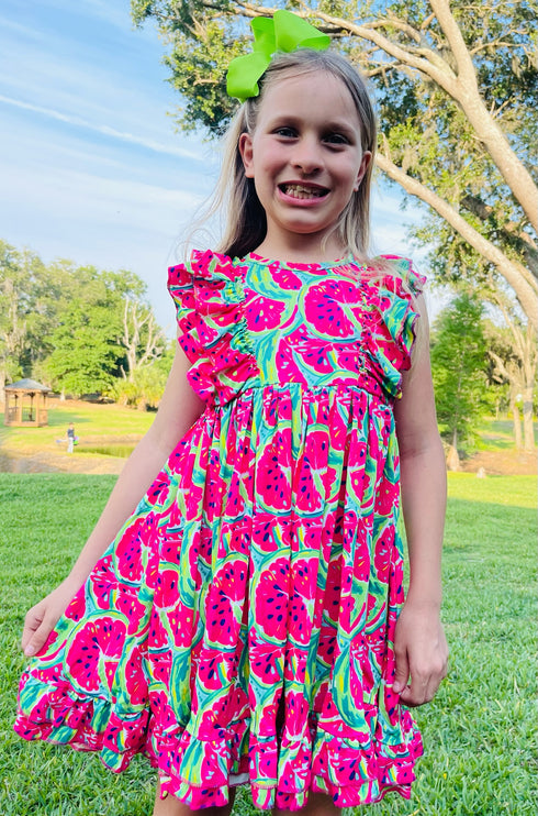 Girls Summer Watermelon Ruffle Twirl Dress with Matching Bow - Bowtism