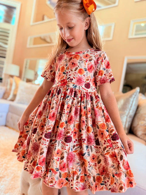 Girls Fall Floral Bow Dress with Matching Bow - Bowtism