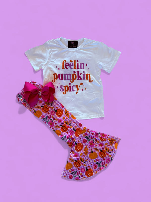 Girls Pumpkin Spice Flare Pants Set with Matching Bow - Bowtism