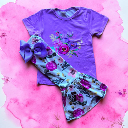 Girls Purple Floral Flare Pants Set with Matching Bow