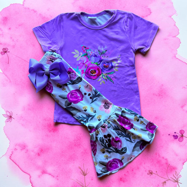 Girls Purple Floral Flare Pants Set with Matching Bow