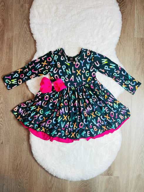 Bowtism Girls ABC School Layered Twirl Dress with Matching Bow - Bowtism