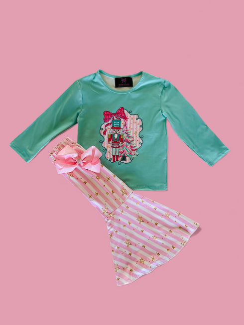 Girls Preppy Nutcracker Flare Pants Set with Matching Bow