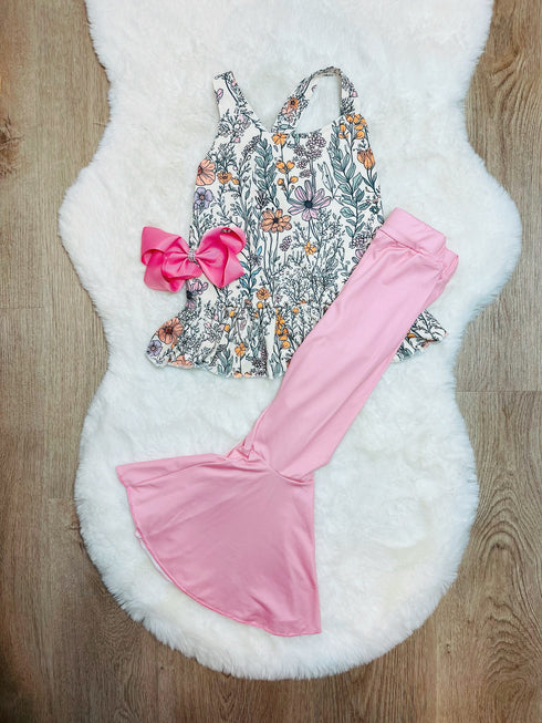 Girls Boho Floral Flare Pants Set with Matching Bow - Bowtism