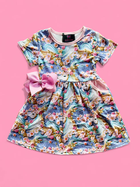 Girls Unicorn Pocket Dress with Matching Bow - Bowtism