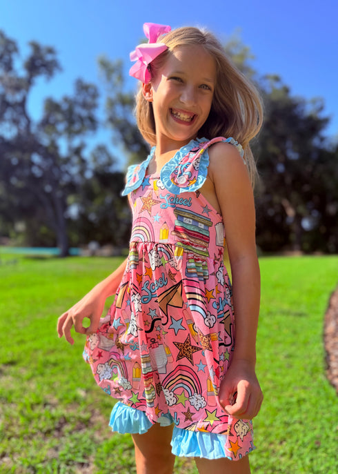 Girls Ruffled School Shorts Set with Matching Bow