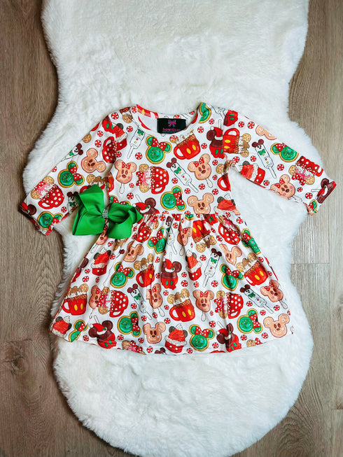 Bowtism Christmas Mouse Party Twirl Dress with Matching Bow - Bowtism