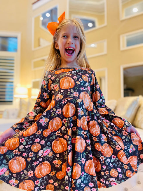 Bowtism Mallory Floral Pumpkin Twirl Dress with Matching Bow - Bowtism