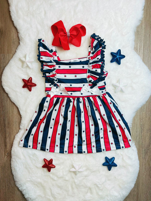 Bowtism Lace Red White Blue Ruffle Star Dress with Matching Bow - Bowtism