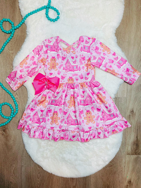 Bowtism Girls Pink Christmas Gingerbread Twirl Dress with Matching Bow - Bowtism