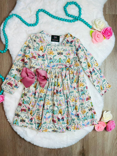 Bowtism Girls Botanical Butterfly Twirl Dress With Matching Bow - Bowtism