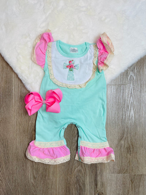 Bowtism Pastel Cross Romper with Matching Bow - Bowtism