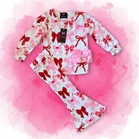 Girls Preppy Lounge Set: Flare Pants + Matching Bow