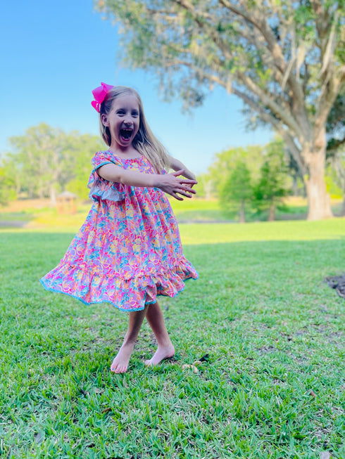 Bowtism Floral Julia Ruffle Dress with Matching Bow - Bowtism