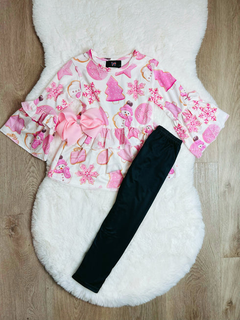 Bowtism Pink Christmas Cookie Pants Set with Matching Bow - Bowtism