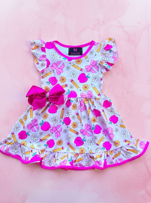 Girls Pink Apple School Dress with Matching Bow
