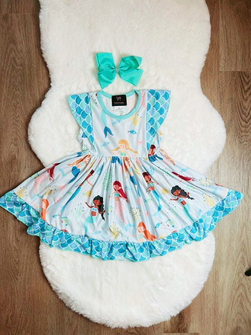 Bowtism Mermaid Bestie Ruffle Dress with Matching Bow - Bowtism