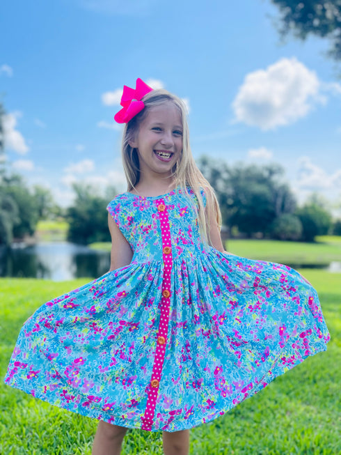 Girls Summer Bright Floral Twirl Dress with Matching Bow - Bowtism